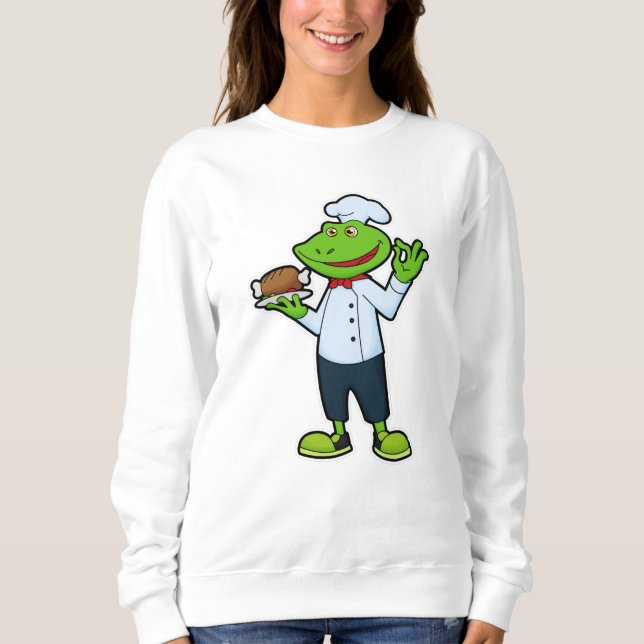 Sudadera Rana como cocinera con plato de servicio y pollo (Anverso)