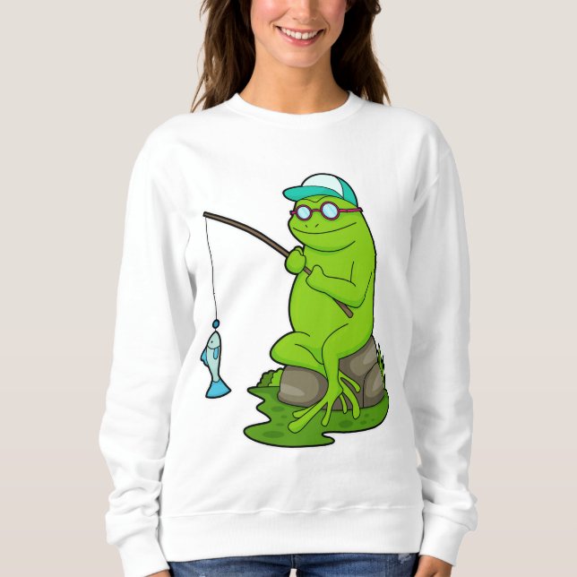 Sudadera Rana como pescador con barra de pesca y pescado (Anverso)