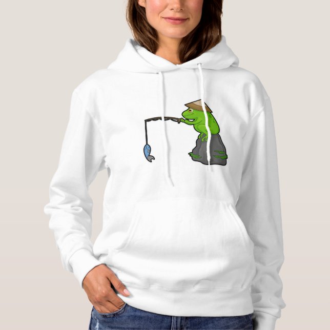 Sudadera Rana en piedra al pescar con vara y pescado (Anverso)
