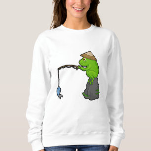 Sudadera Rana en piedra al pescar con vara y pescado
