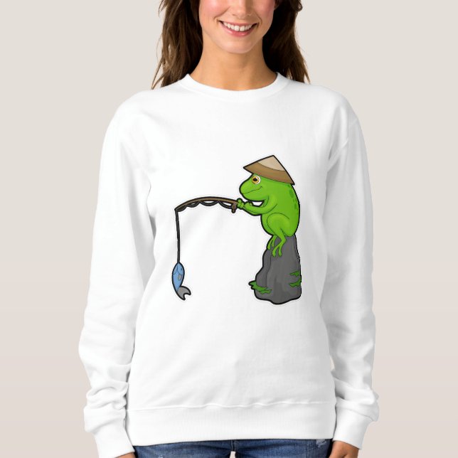 Sudadera Rana en piedra al pescar con vara y pescado (Anverso)