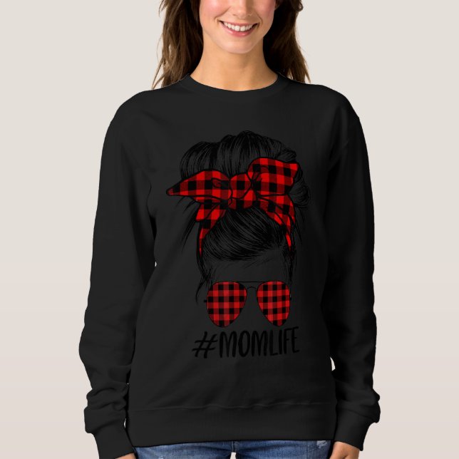 Sudadera Red Plaid Plaid Mom Life Bun Hair Gafas De Sol H (Anverso)