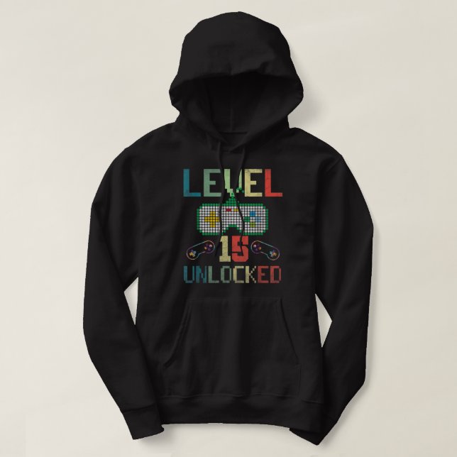 Sudadera Regalos de 15 años de antigüedad Nivel 15 Desbloqu (Diseño del anverso)