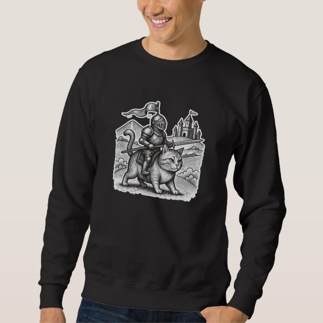 Sudadera Retro Etching Knight Riding Cat – Medieval Cartoon (Anverso)