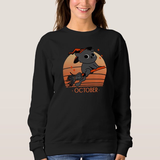 Sudadera Retro Evergreen Black Witch Cat Volando Atardecer (Anverso)