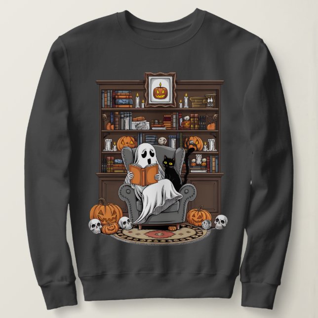 Sudadera Retro Ghost Reading Books Ghost Halloween (Anverso del diseño)