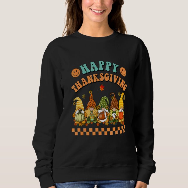 Sudadera Retro Groovy Happy Thanksgiving Fall Gnomes Pumpki (Anverso)