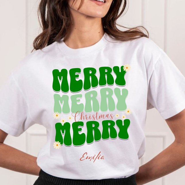 Sudadera Retro Groovy Merry Christmas Script Green Name (Subido por el creador)