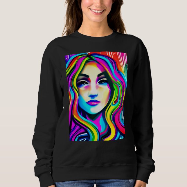 Sudadera Retro retrato de una mujer con pelo de arcoiris (Anverso)