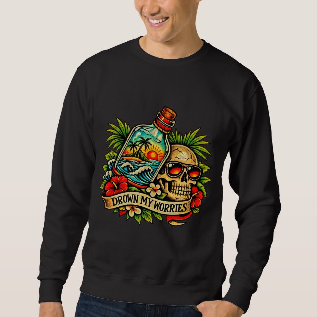 Sudadera Retro Verano Calavera Mensaje en una Botella Playa (Anverso)