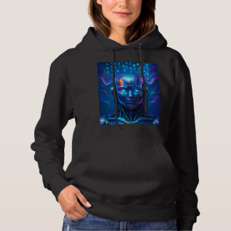 Sudadera robot futurista, IA ciberpunk, ojos azules brillan
