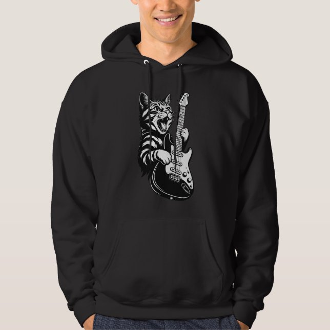 Sudadera Rock Cat Playing Electric Guitar, Cool Music Lover (Anverso)