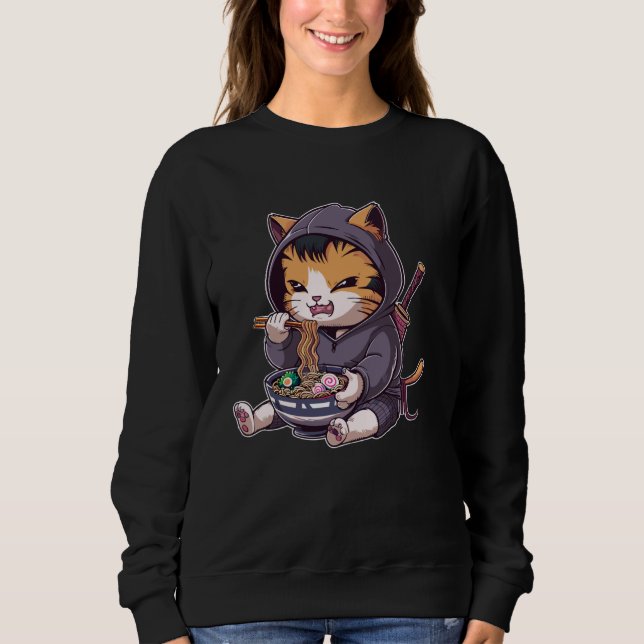 Sudadera Samurai Cat Eating Ramen Kawaii Ninja Japanese Ani (Anverso)