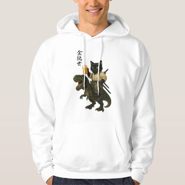 Sudadera Samurai Cat with Beer & T-Rex | Retro Japanese Art (Anverso)