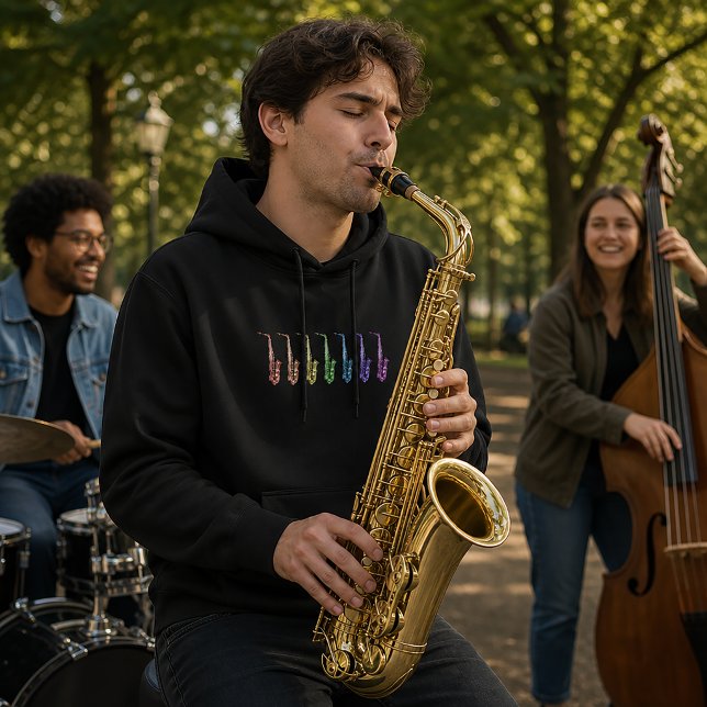 Sudadera Saxofón Arcoíris Instrumento de Jazz Colorido (A hoodie with a colorful line up of saxophones.)
