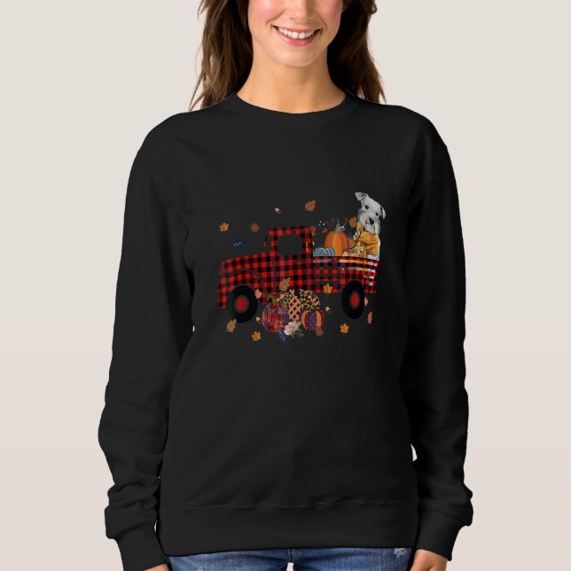 Sudadera Schnauzer Riding Truck Pumpkin Autumn Leaves Fall (Anverso)
