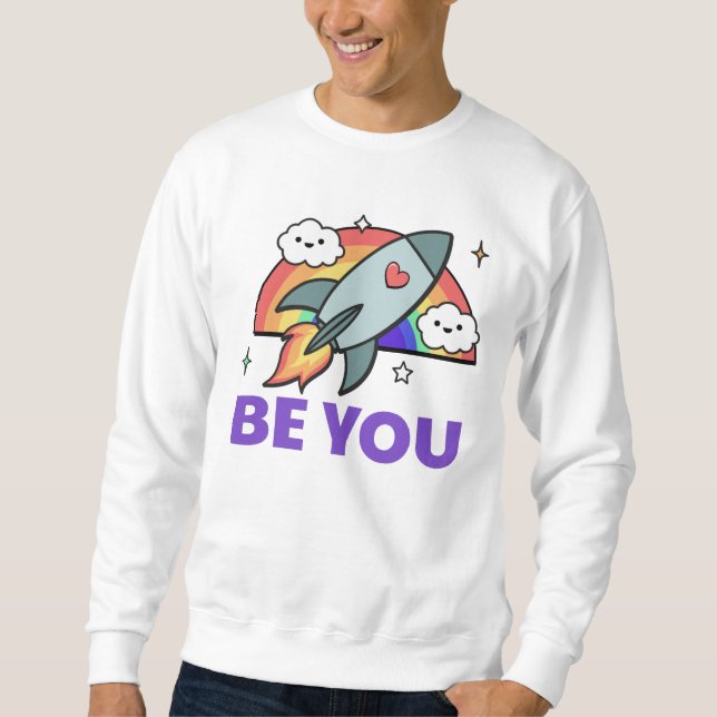 Sudadera Sé tú. Nubes de cohetes arcoiris con corazón Sweat (Anverso)