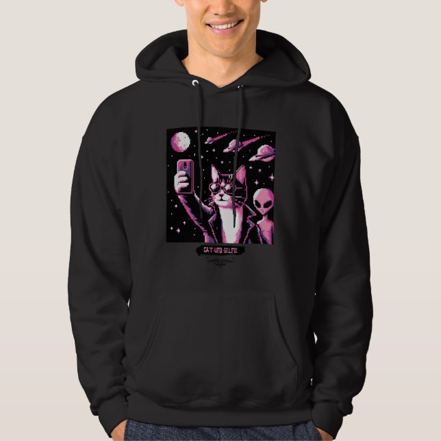 Sudadera Selfie de OVNI de gato: Hoodie de arte de píxeles  (Anverso)