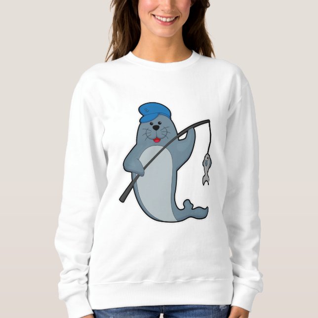 Sudadera Sello en la pesca con caña y pescado (Anverso)