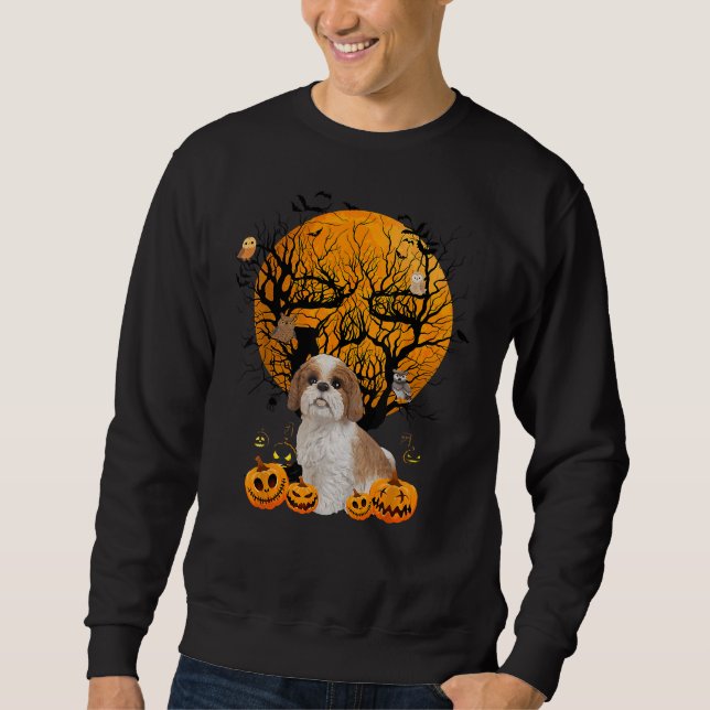 Sudadera Shih Tzu Halloween Costume Moon Skull Tree Owl Men (Anverso)