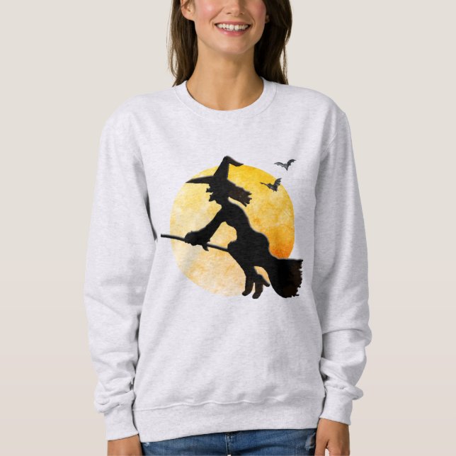 Sudadera Silueta Bruja Voladora Naranja Luna   (Anverso)