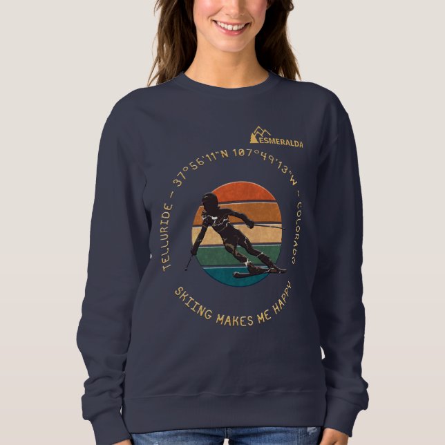 Sudadera Ski Telluride, Colorado - Esquiadora, texto amaril (Anverso)