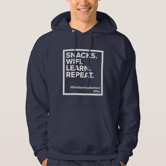 Sudadera Snacks FLVS. Wifi. Aprende. Repite. Navy Hoodie (Anverso)