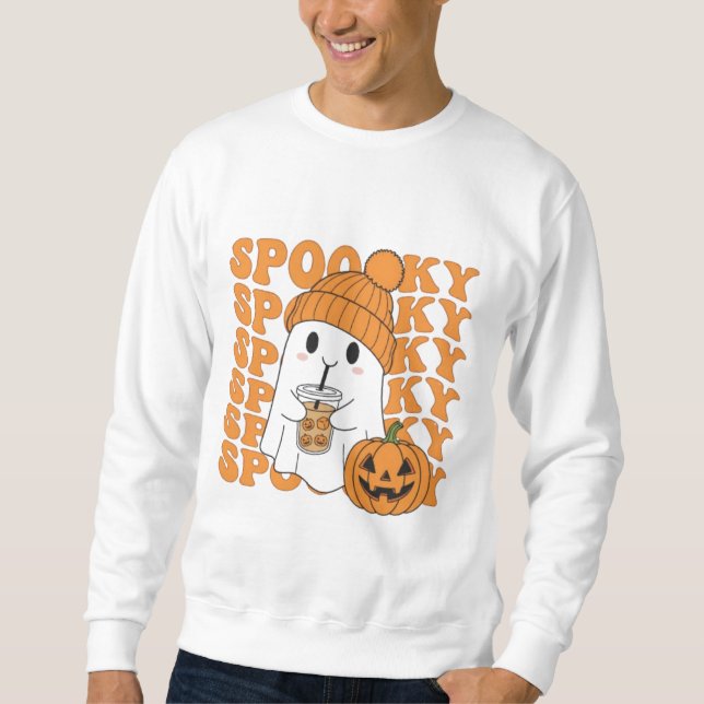 Sudadera  Spooky Ghost with Pumpkin Drink Halloween Tee (Anverso)