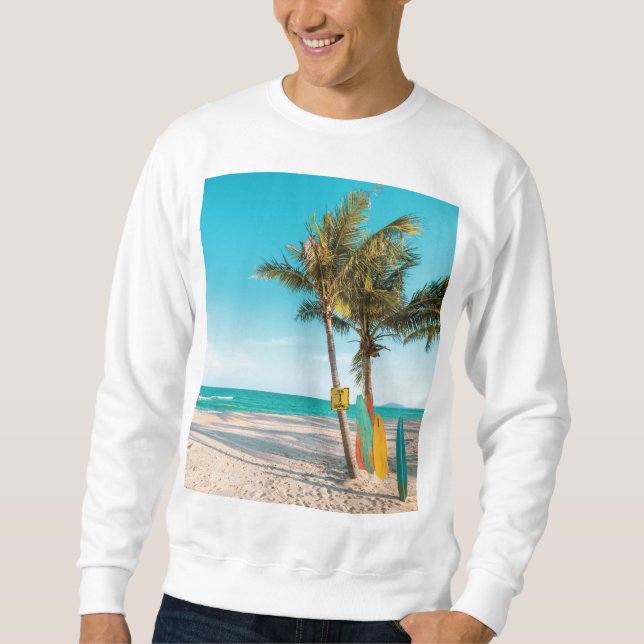 Sudadera Surf board en la playa tirando almohada (Anverso)