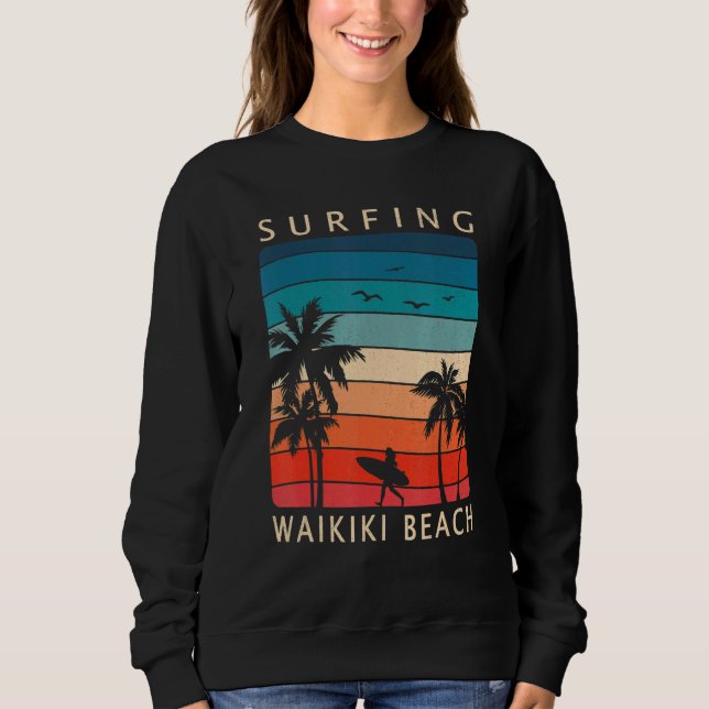 Sudadera Surfer Girl Surfing Waikiki Beach Hawaiian Sunset  (Anverso)