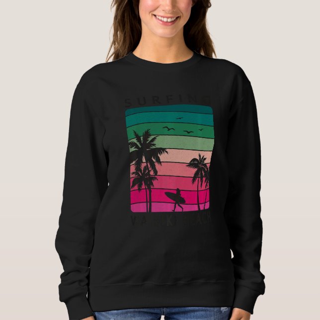 Sudadera Surfing Waikiki Beach Hawaiian Sunset Palm Tree Su (Anverso)