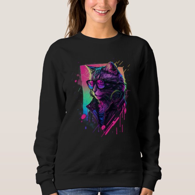 Sudadera Synthwave Aesthetic Cat Vaporwave Cat  90s Retro C (Anverso)