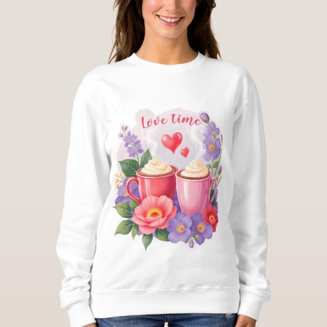 Sudadera Tazas de Cocoa de San Valentín con Flores y Corazo (Anverso)