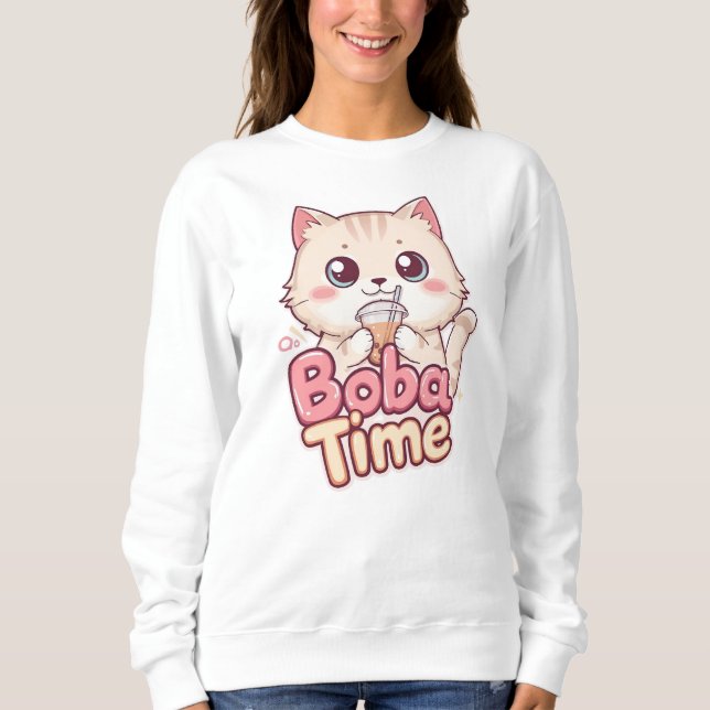 Sudadera Té Boba rosa y Ilustracion de gato (Anverso)