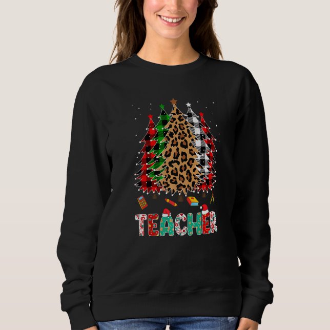 Sudadera Teacher Leopard Red White Green Plaid Christmas Tr (Anverso)