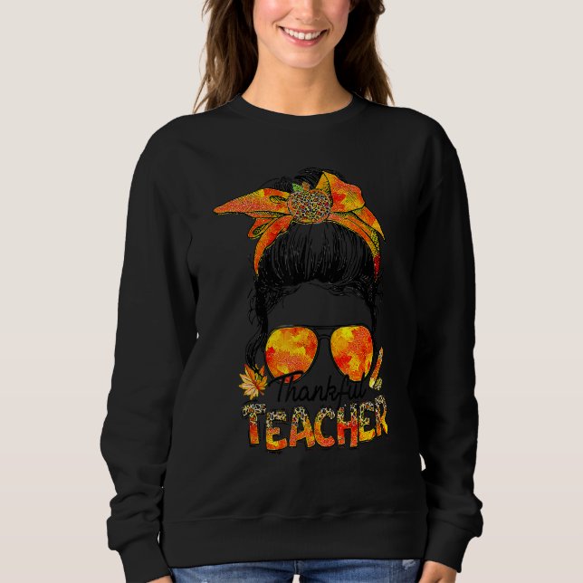 Sudadera Thankful Teacher Leopard Messy Bun Autumn Thanksgi (Anverso)