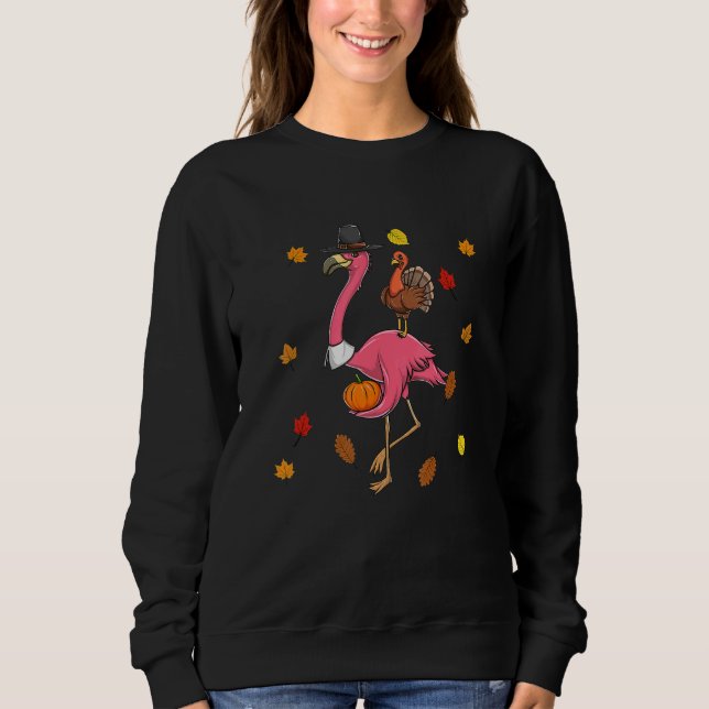 Sudadera Thanksgiving Pilgrim Flamingo With Turkey Cute (Anverso)