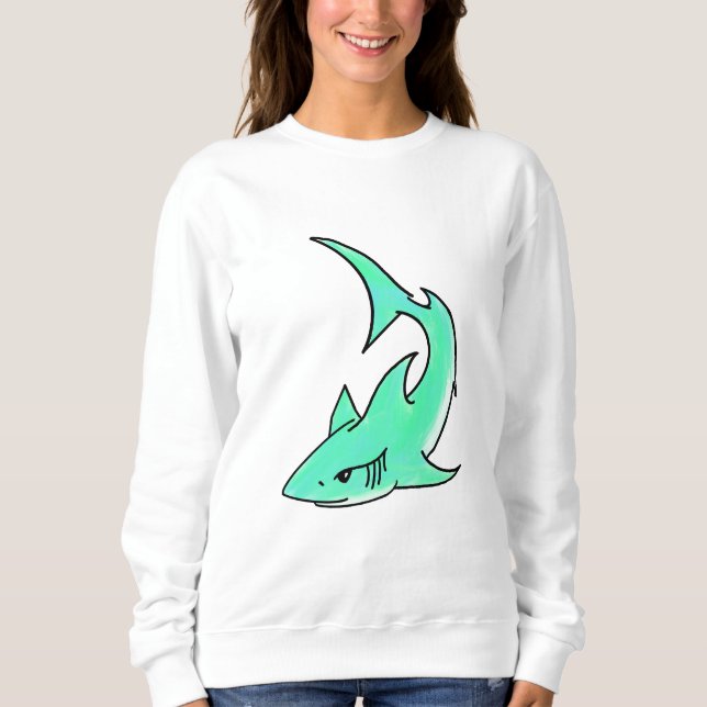 Sudadera tiburón sonriente de dibujos animados azul verde m (Anverso)