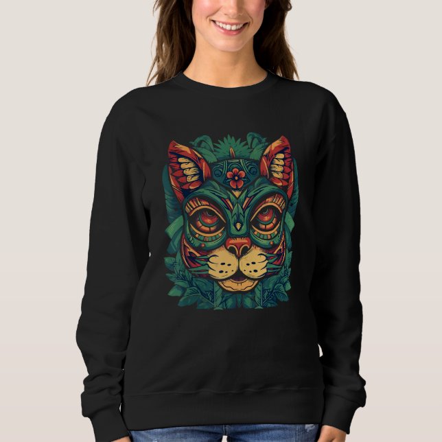 Sudadera Tiki Totem Mask Hawaiian Cat Tiki Mask Hawaii Cat (Anverso)