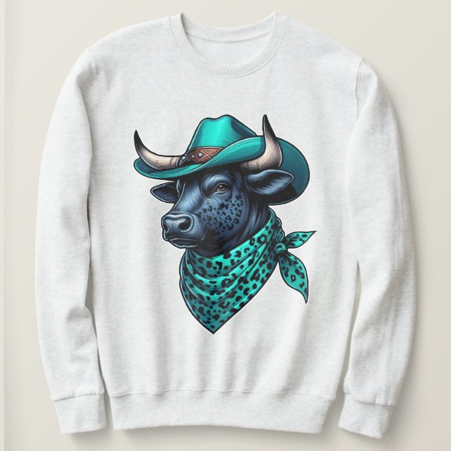 Sudadera Toro de vaquero con Gorra turquesa y bufanda (Anverso del diseño)