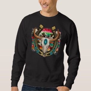 Sudadera Toro Skull Horseshoe Oeste Serape Turquoise Cowh