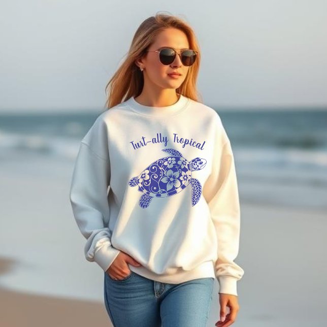 Sudadera Tortuga hawaiana- Núcleo del pescador- Azul oceáni (Hawaiian Turtle Tropical Flowers Fisherman Core Fisherman Aesthetics Sweatshirt )