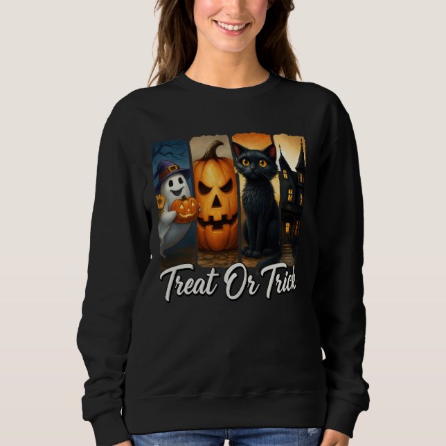 Sudadera "Trate o truco" Cepillo de Halloween Stroke Cat Wo (Anverso)