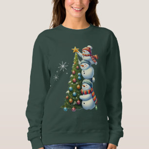 Sudadera Tres Snowmen Árbol de Navidad Cute Escena De Invie