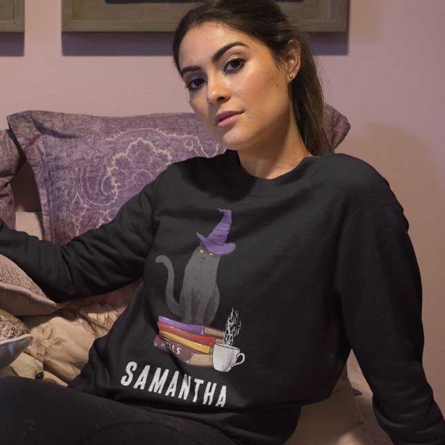 Sudadera Truco o trato a gatos negros modernos mujeres Hall (Halloween Black Cat Womens Black Sweatshirt)