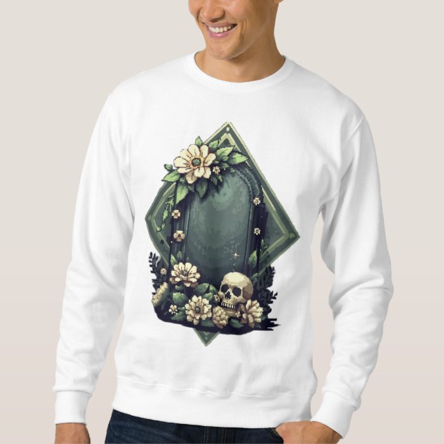 Sudadera Tumba de arte de Pixel con flores y cráneo (Anverso)
