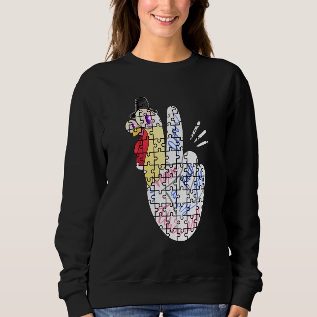 Sudadera Turkey Peace Hand Sign Puzzle Autism Thanksgiving  (Anverso)