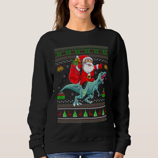 Sudadera Ugly Xmas Santa Riding Tyrannosaurus Dinosaur Chri (Anverso)
