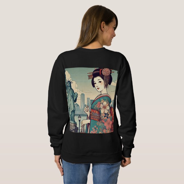 Sudadera Ukiyo-e style: Oiran alongside the Statue of Liber (Reverso completo)