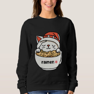 Sudadera un gato lindo con navidades gorras y comiendo rame